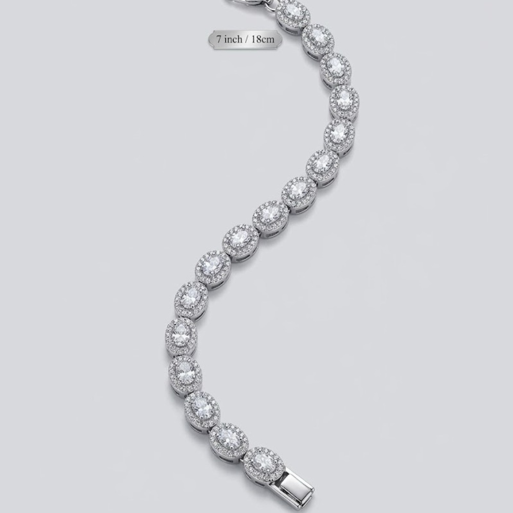 New 7” Moissanite Halo & CZ Center Stones in White Gold Filled/Plated Bracelet. - Picture 2 of 4